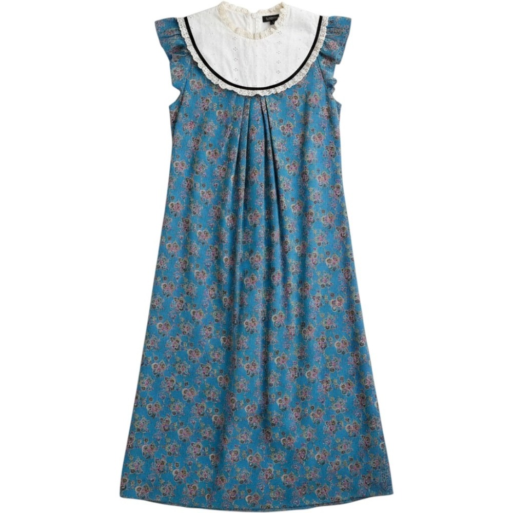 Tropicana Hawaii Vintage Prairie Dress Women L Blue Floral Lace Bib Maxi Muumuu